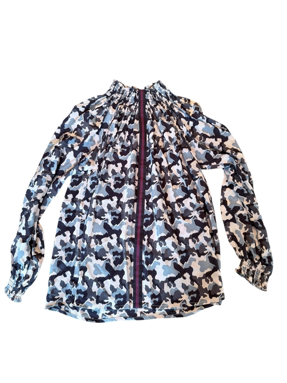 Rungolee Women's Medium Blue Leopard Print Camo Smocked Tunic Blouse Long Sleeve - Picture 1 of 6